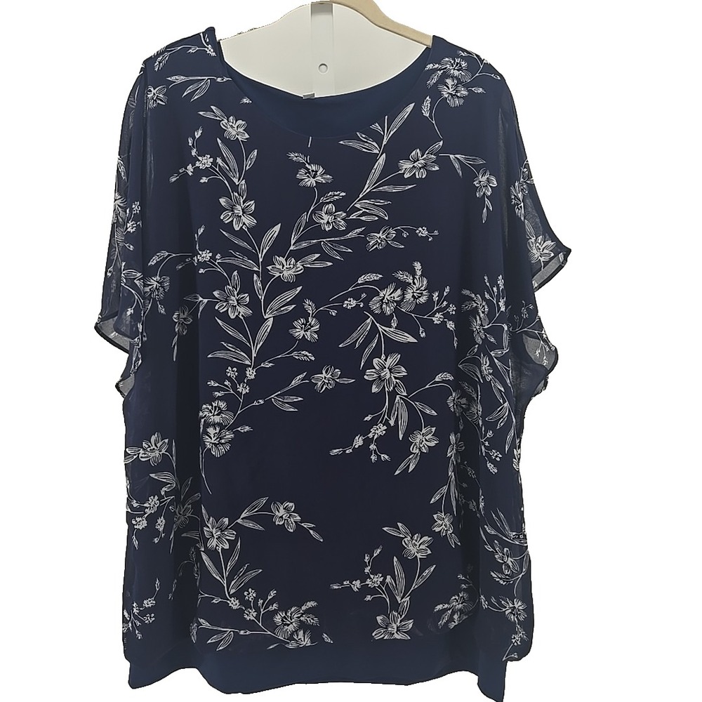 Women's 2XL Navy Floral Chiffon Shell Blouse Attached Stretch Knit Tank Top‎